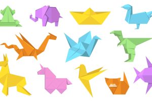 Japanese origami animals flat illustration set. Cartoon polygon paper horse, hare, bird, frog, fish and cat isolated vector illustration collection. Modern hobby and relaxation concept